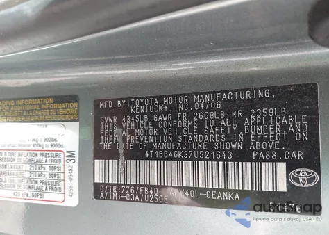 2007 Toyota Camry Le from USA, damaged, VIN 4T1BE46K37U521643